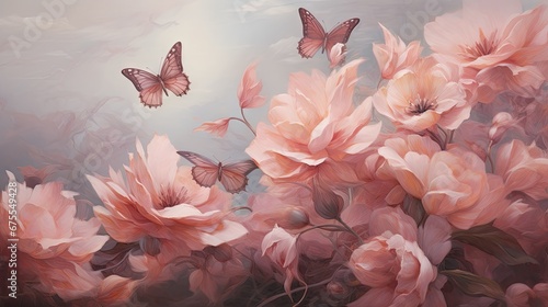  a painting of pink flowers with a butterfly flying over the top of the flowers and the sky in the background. generative ai