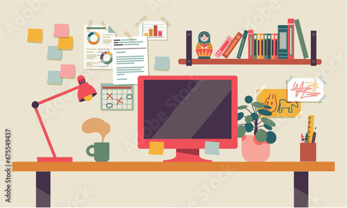 home office workspace white wall. blank screen computer on table with lamp, calendar, and plant on desk, vector flat illustration and separated items