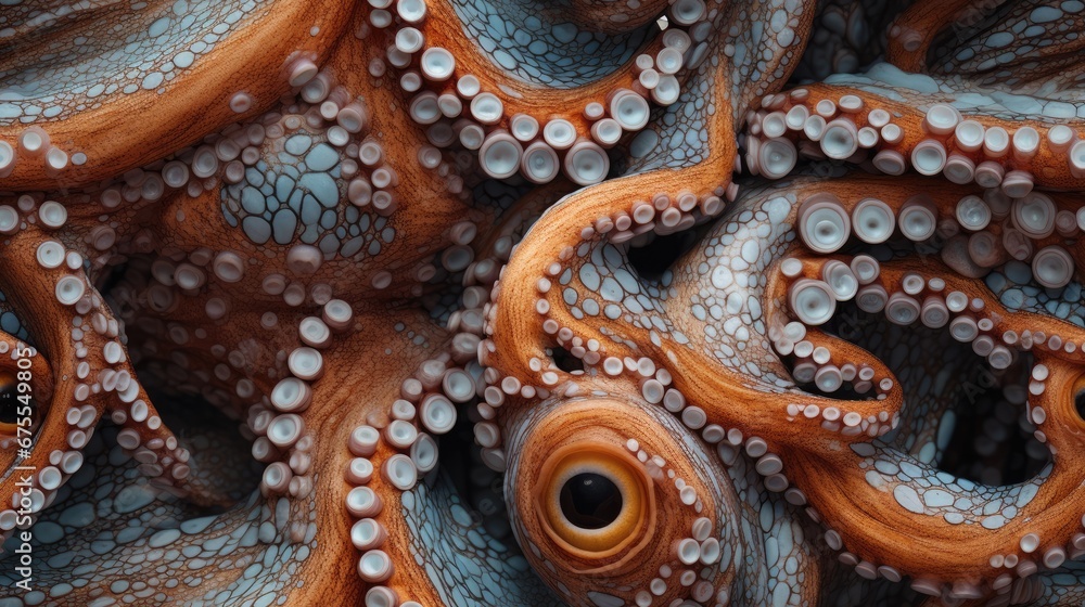 Obraz premium a close up of an octopus's tentacles with orange and white rings on it's body and eyes. generative ai