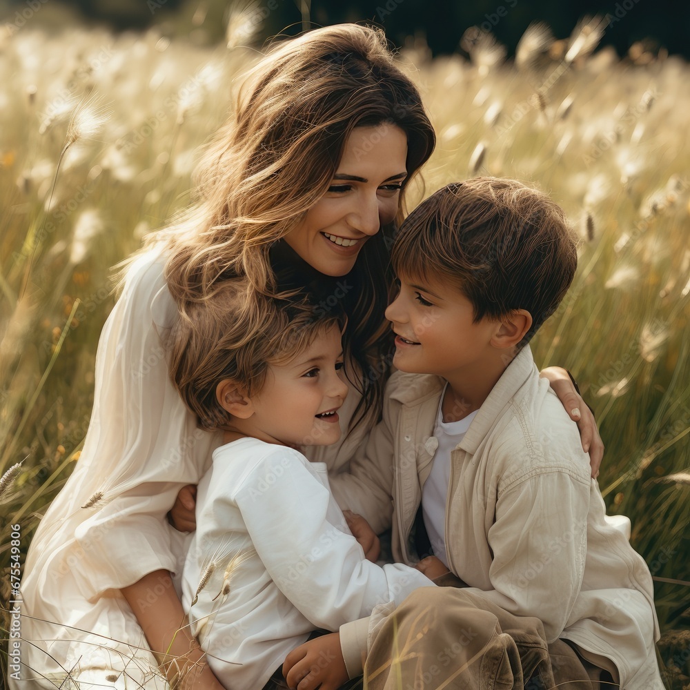 Mother hugging children out in the grass Mother hugging children out in the grass