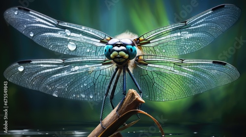  a close up of a dragonfly on a branch in a body of water with green and blue lights in the background. generative ai