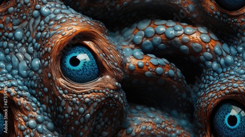  a close up of an octopus's eye with blue and orange details on it's body and head. generative ai
