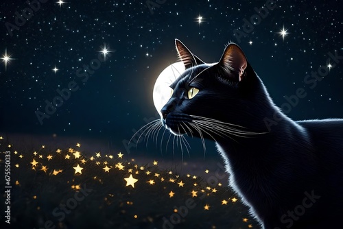 A sleek black cat prowls through the night, its fur glistening under the light of a full moon, surrounded by a sea of shining stars - AI Generative © Being Imaginative