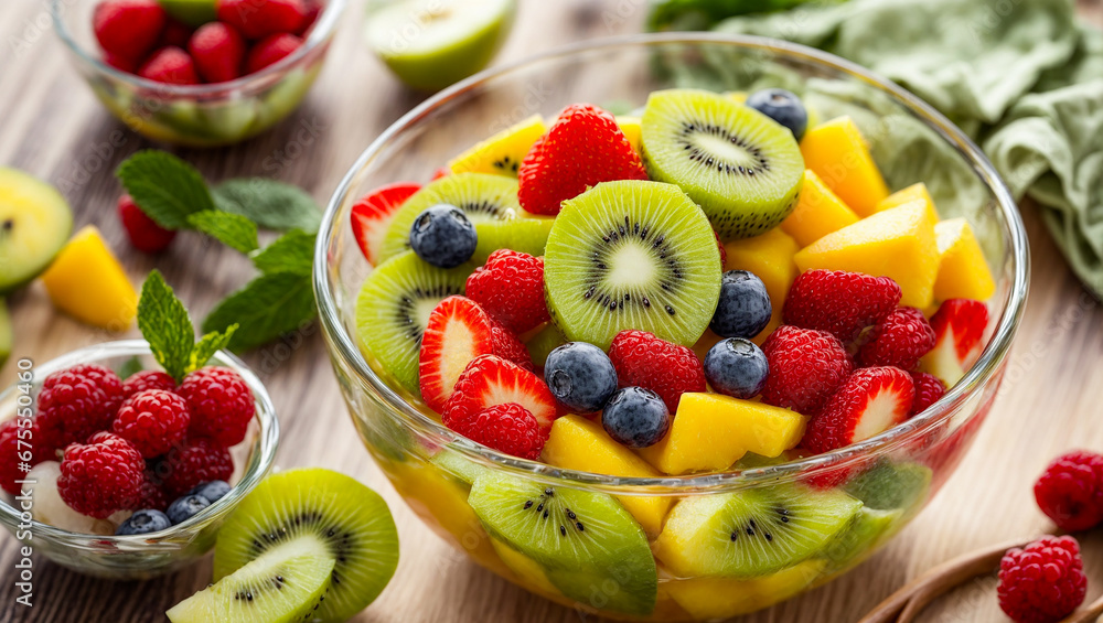 fruit salad of kiwi, apple, mango, strawberries in beautiful glass bowls, in the kitchen fruit salad of kiwi, apple, mango, strawberries in beautiful glass bowls, in the kitchen