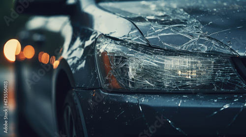 Close-up of a broken car after an accident, crash, collision on the road. Car body repair, replacement of components, insurance compensation.  photo