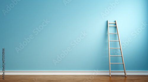Stepladder ladder against painted blank wall in new apartment, copy space. Creative concept of renovation, repair work after moving to new apartment. 