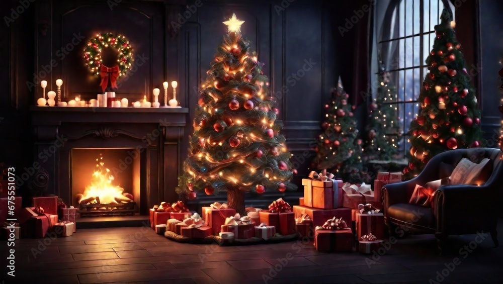 Christmas decorated fireplace. Interior living room with Christmas tree and gifts, armchair with blanket and gifts. Warm cozy Xmas concept.