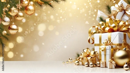 Copy space for your product display on empty snowy Christmas background with gift boxes decorated