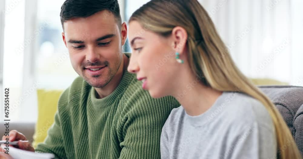 Planning budget, talking and a couple in a house for finance, insurance or paperwork discussion. Happy, future and a man and woman speaking about a mortgage, financial management or marriage document Planning budget, talking and a couple in a house for finance, insurance or paperwork discussion. Happy, future and a man and woman speaking about a mortgage, financial management or marriage document