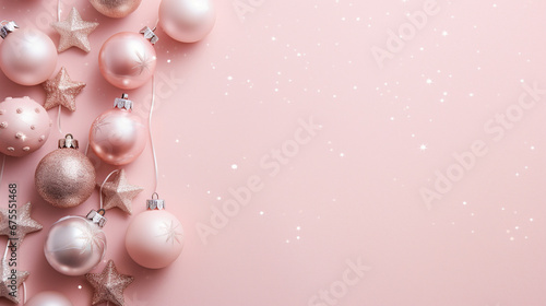 Stylish Pink Christmas Ornaments Flat Lay with an Overhead View - Staged Against a Pastel Pink and Peach Background - Feminine Xmas Holiday Concept with Copy Space