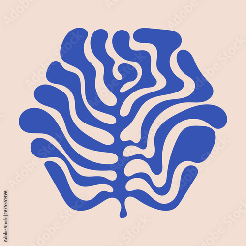 Matisse Henri style plant. Organic floral doodle shapes in trendy style. Botanic vector illustration in blue color. Composition in geometric form. Stylized corral in the Fauvist style