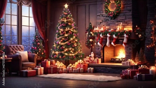 Christmas decorated fireplace. Interior living room with Christmas tree and gifts, armchair with blanket and gifts. Warm cozy Xmas concept..  © Mehtab