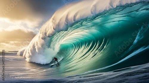 Surfer on a Blue Ocean Wave. 3d Rendering. concept for extreme sport. A surfer in action on a huge, braking ocean wave. © korkut82