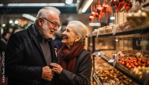 Pareja sonriente de personas mayores de compras en un supermercado. photo