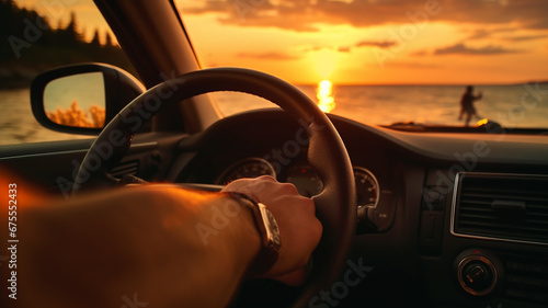 car driving on sunset road, driving on sunset, travel and adventure concept