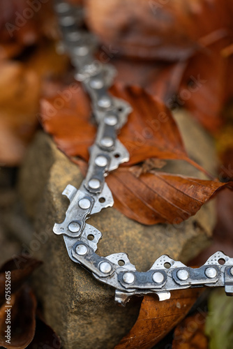 Valokuva A worn chainsaw chain outdoors in the woods.