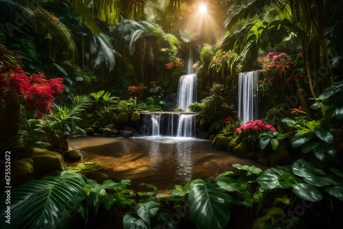 An exotic garden with a waterfall on a gloomy day with shining rays of sun - AI Generative