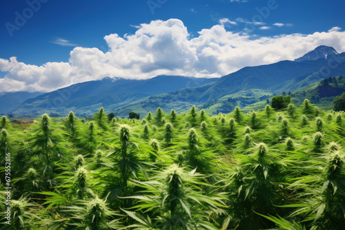 Cannabis field on sunny day, mountains in the background