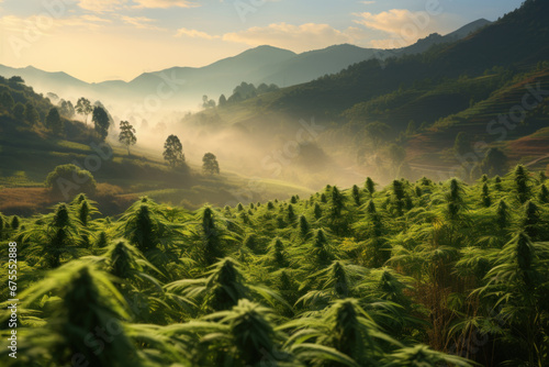 Cannabis field, foggy sunrise, mountains in the background