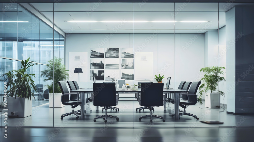 Modern and elegant empty office interior design with black chairs and mat black metal table sitting on a shiny gray floor decorated with tropical plants Modern and elegant empty office interior design with black chairs and mat black metal table sitting on a shiny gray floor decorated with tropical plants