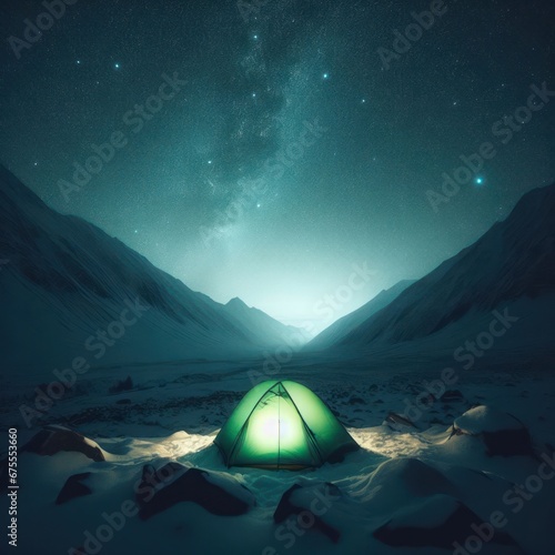 camping in a tent in a snowy landscape under the stars