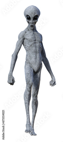 Illustration of a gray alien in a defensive pose isolated on a white background.