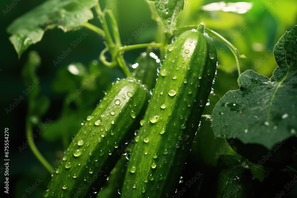 Ripe cucumber growing on plant, generative ai Ripe cucumber growing on plant, generative ai