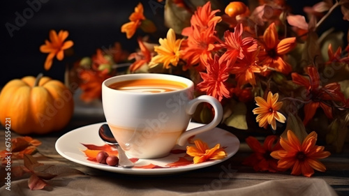 a cup of coffee and a bouquet of autumn flowers. autumn still life with autumn flowers and pumpkins.