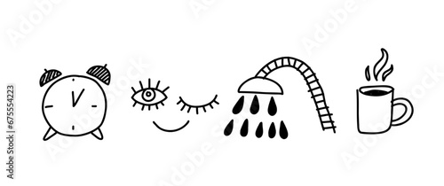 Abstract morning routine illustration. Simple line black vector illustration isolated on white background.