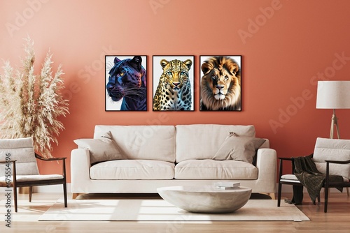 Delicado living con confortable sillón de dos cuerpos, alfombra, lámpara, sillas, mesa ratona, cuadros pantera, leopardo, león