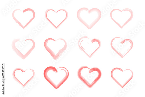 Set of watercolor hearts painted with brushes. Hearts are painted with watercolor brushes. Hand drawn vector illustration.