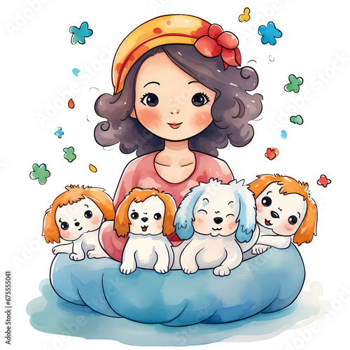 Watercolor Cute Baby Mom And Dogs Clipart Illustration
