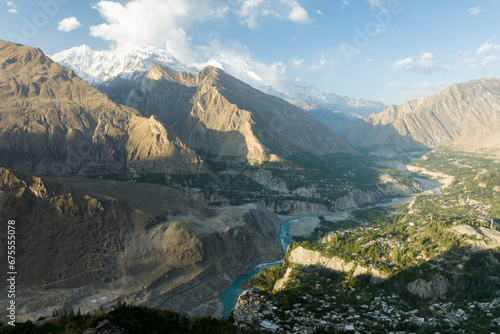 Beautiful panorama view of Hunza Valley and Rakaposhi Peak,  snowy mountains, Northern Pakistan
