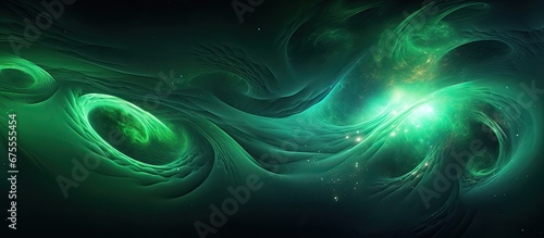 The abstract background on this digital wallpaper showcases vibrant green waves of light intertwining with cosmic shapes creating a mesmerizing galaxy inspired fantasy that is sure to captiv