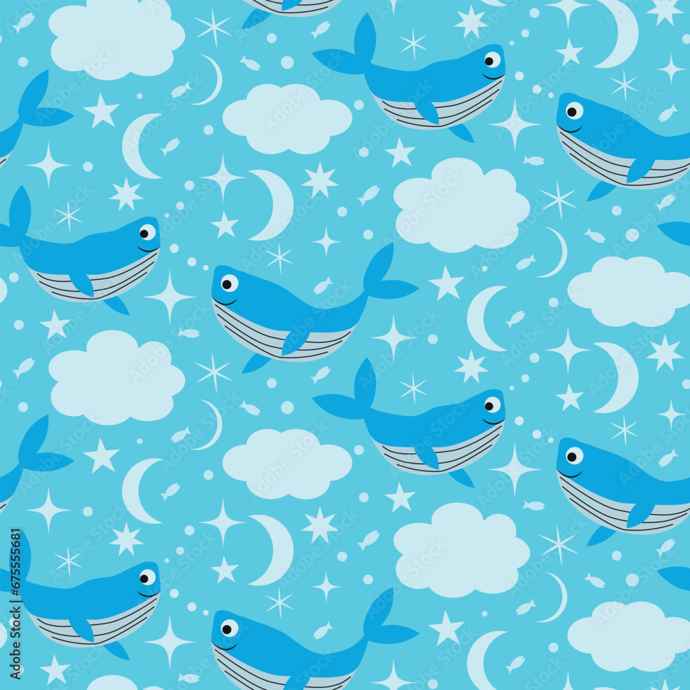 Cute Cartoon whales seamless pattern in surreal sky with clouds and moon. For Nursery decoration, wallpaper and textile.