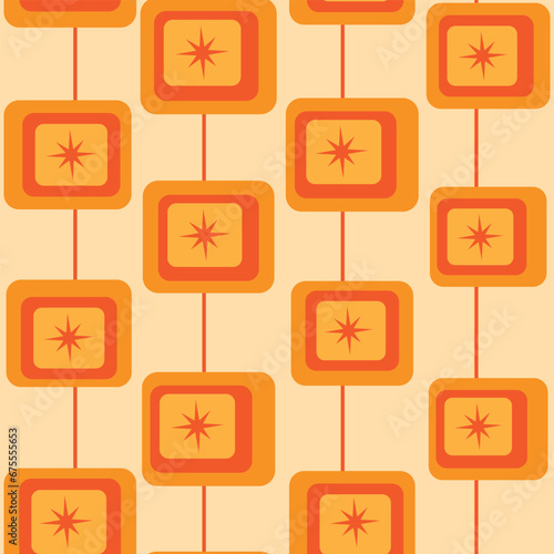 Mid century modern atomic starbursts on abstract square shapes in orange, red and yellow. For wallpaper, home décor and textile 