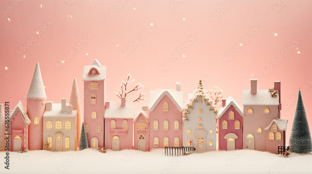 Snowy Miniature Christmas Village with Shops, Stores, and Houses on Feminine Pink Backdrop in Pastel Color Tones with Twinkle Light and Snowfall - Stop Motion Style with Copy Space - Xmas Concept