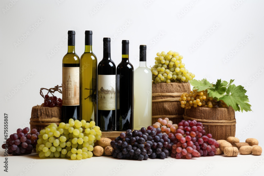 Wine bottles, ripe grapes, and wine corks take center stage against a white backdrop. The display invites exploration and experimentation with various wine varieties. Generative Ai.