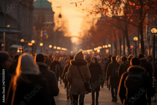 In an autumn sunset, a crowded European street comes to life with people walking about. The blurred crowd adds a touch of anonymity to the urban setting. Generative Ai.