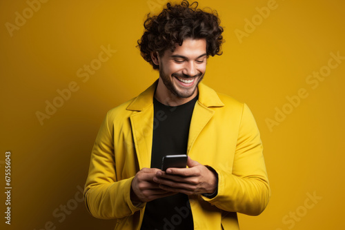 A cheerful young man smiles as he scrolls through social media on his mobile phone against a vibrant yellow background. Generative Ai.