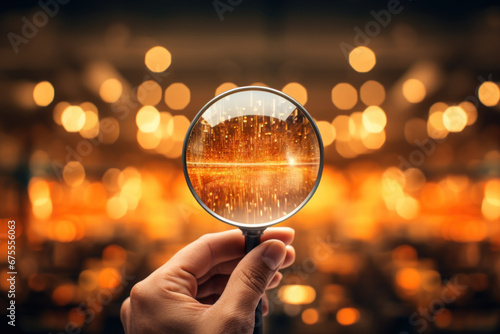A hand holds a magnifying glass, focusing on a human icon, reflecting a targeted approach to customer relations management (CRM) and human development. Generative Ai.