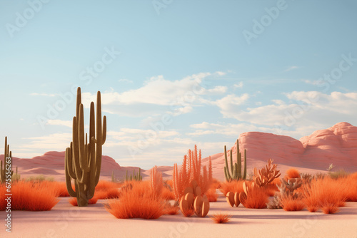 Minimalist Desert Landscape with Red Vegetation and Cacti