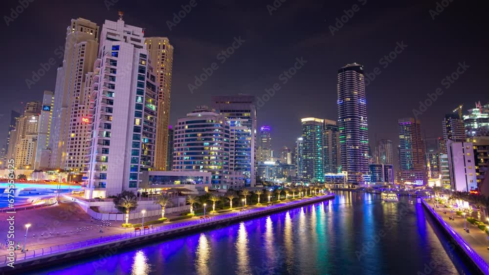 night time illuminated dubai marina traffic famous city bridge top panorama 4k timelapse uae night time illuminated dubai marina traffic famous city bridge top panorama 4k timelapse uae