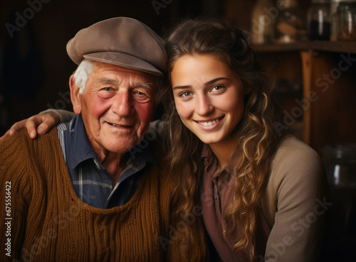 Beautiful young woman embracing mature man - they posing for photo together. Head shot portrait smiling grownup daughter hugging older father from back and looking at camera. Two generations concept. © burntime555