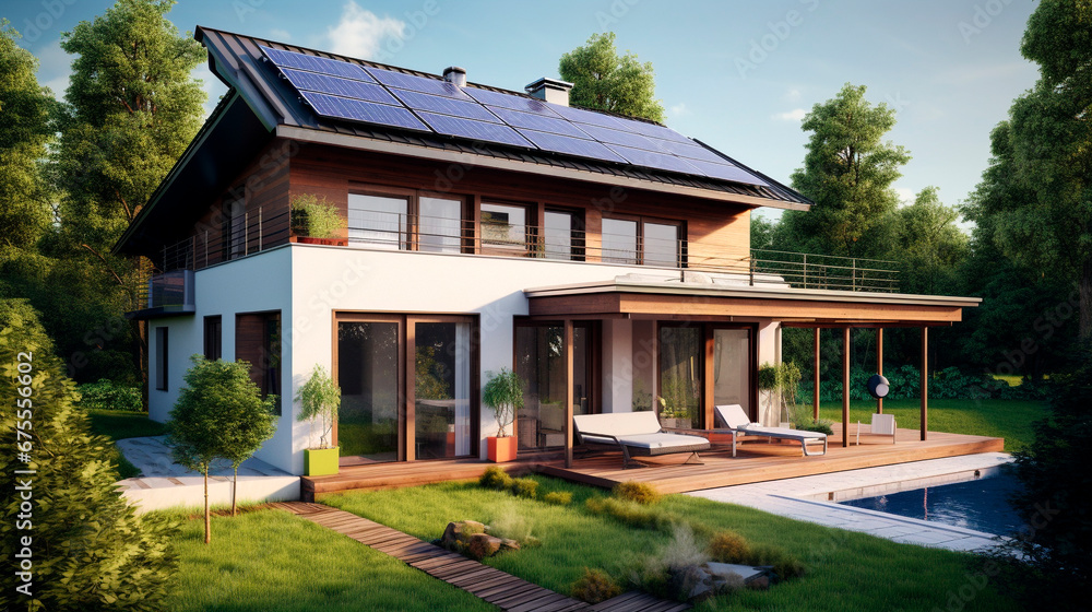 Country house with solar panels on the roof