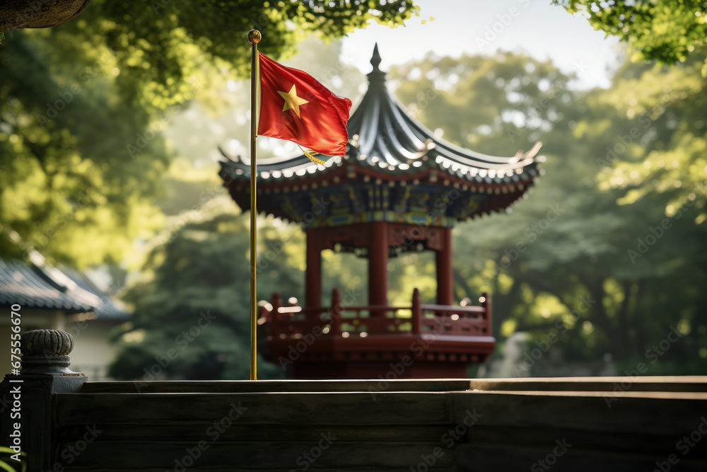 The Chinese flag hanging from a traditional pagoda in a serene garden. Concept of ancient culture and tranquility. Generative Ai. The Chinese flag hanging from a traditional pagoda in a serene garden. Concept of ancient culture and tranquility. Generative Ai.