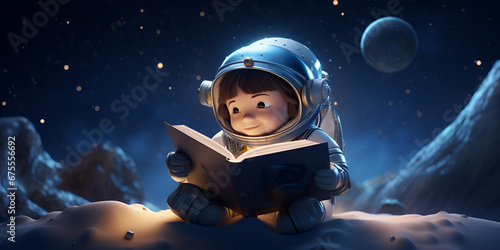 Child studying astrology in space,, Young astronaut studying at desk Generative Ai 