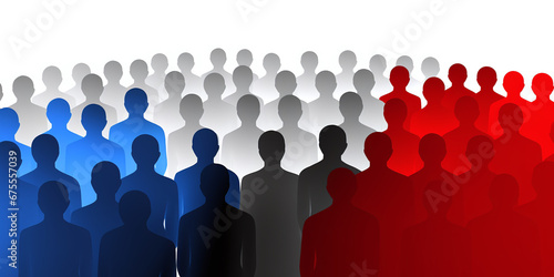 demographics represented by three distinct groups of generic figures; human outlines with red, grey, or blue to depict political affiliation
