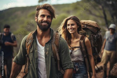 A group of friends embarking on a camping adventure in the Australian wilderness on Australia Day. Concept of outdoor exploration and bonding. Generative Ai.