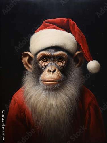 An Oil Painting Portrait of a Monkey Dressed Like Santa Claus